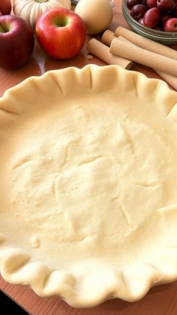 Perfect 8-Inch Pie Crust Recipe A golden brown 8-inch pie crust with crimped edges on a wooden countertop.
